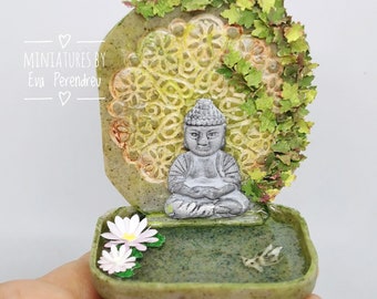 Miniature Buddha pond with flowers and gold fish for dollhouse or doll diorama garden, terrarium