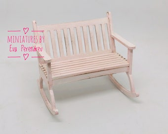 Miniature double wooden rocking bench for dollhouse or doll diorama. Reddish distressed