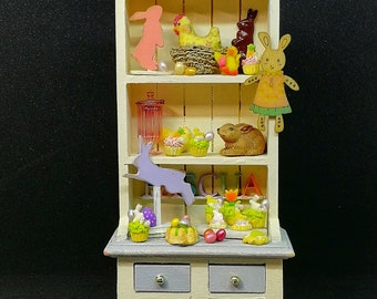 Miniature Easter shelf with bunnies, cupcakes... 1/12th scale (1 inch) for dollhouse or doll diorama
