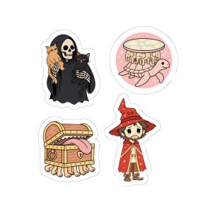 May include: Set of four whimsical stickers featuring cartoon illustrations. Includes a Grim Reaper holding two cats, a turtle with a table on its back, a treasure chest with legs and a tongue, and a wizard in a red cloak.