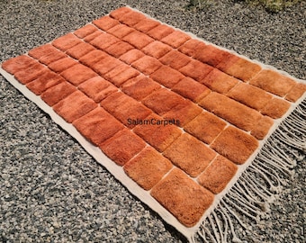 Handwoven Wool Beni Mrirt Rug: Orange Grid Moroccan Rug