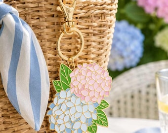 Hydrangea Enamel Keychain Bag Charm | Pink Blue Floral Summer Accessory