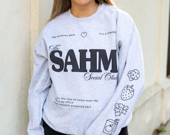 Sudadera para mamás que se quedan en casa, sudadera de cuello redondo del club social SAHM, sudadera para mamás con estampado en las mangas, regalo para mamá, regalo del Día de la Madre, sudadera linda para mamás