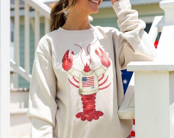 Nantucket Lobster Sweatshirt, 4th of July Crewneck, Coastal Americana Pullover, Patriotic Lobster Shirt, East Coast Summer, July 4th Gift