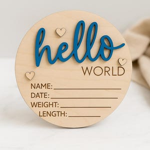 Hello World Birth Announcement Sign | Newborn Announcement | Personalized Wooden Newborn Name Plaque with Blue Script & Hearts