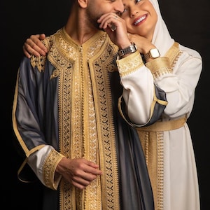 Handmade Moroccan Grey Gold Kaftan 3-Piece Set Wool Luxury Men&#39;s Wedding Outfit Traditional Jabador Kaftan Groom&#39;s Attire for Eid Al Adha