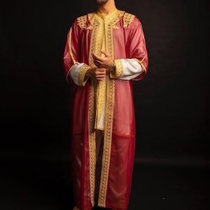 Handmade Moroccan Burgundy Gold Kaftan 3-Piece Set Wool Luxury Men&#39;s Wedding Outfit Traditional Jabador Kaftan Groom&#39;s Attire for Eid 2025