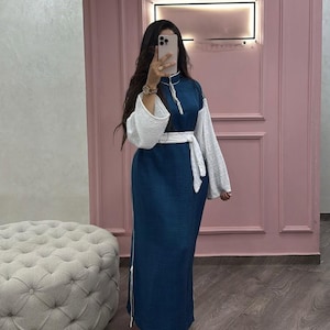 Luxury Handmade Moroccan Women’s Caftan Set  Silk Butterfly Batwing Abaya Satin Slip Dress with Matching Scarf Eid, Ramadan & Wedding Outfit