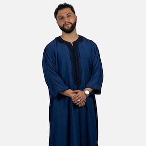Handmade Moroccan Thobe for Men in Midnight Black Blue Gold Luxury Men&#39;s Wedding Outfit  Traditional Gandoura Kaftan blue Qamiss