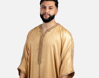 Handmade Moroccan Moroccan Thobe for Men in Midnight Black Blue Gold Luxury Men's Wedding Outfit  Traditional Gandoura Kaftan Set for Eid