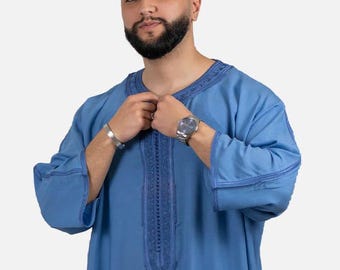 Handmade Moroccan Thobe for Men in Midnight Black Blue Gold Luxury Men's Wedding Outfit  Traditional Gandoura Kaftan Qamiss