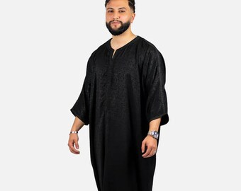 Handmade Moroccan Moroccan Thobe for Men in Midnight Black Blue Gold Luxury Men's Wedding Outfit  Traditional Gandoura Kaftan Set for Eid