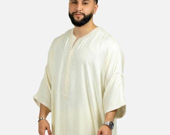 Handmade Moroccan Moroccan Thobe for Men in Midnight Green  Blue White  Luxury Men's Wedding Outfit  Traditional Gandoura Kaftan Set for Eid