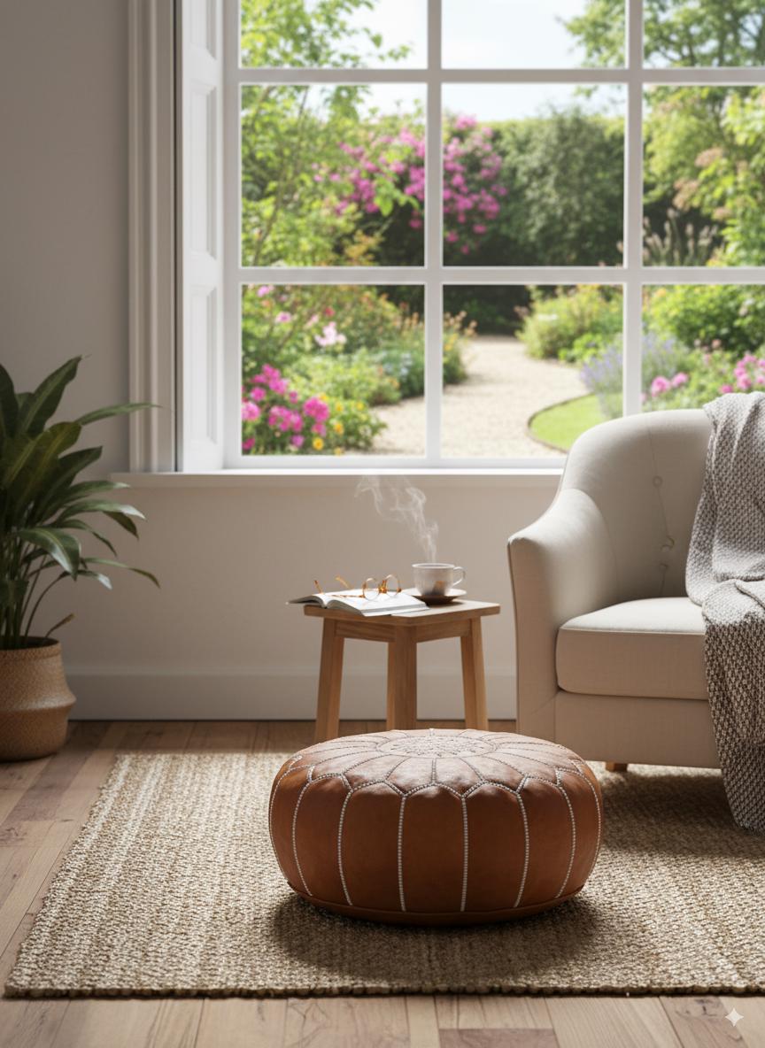 ハンドメイドモロッコレザープーフオットマン_ブラウンボヘミアン