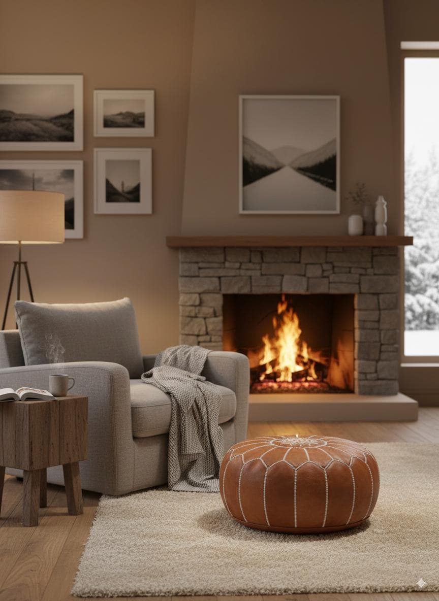 ハンドメイドモロッコレザープーフオットマン_ブラウンボヘミアン