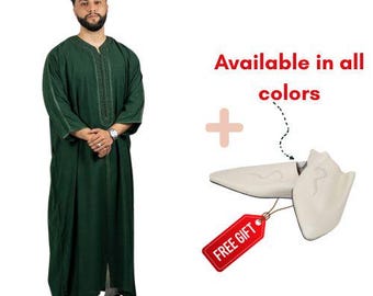 Handmade Moroccan Green Thobe for Men Blue Gold Luxury Men's Wedding Outfit  Traditional Gandoura Kaftan blue Qamiss free Handmade Babouche