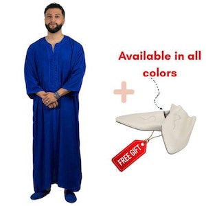 Handmade Moroccan Thobe for Men Blue Gold Luxury Men&#39;s Wedding Outfit  Traditional Gandoura Kaftan blue Qamiss free Handmade Babouche