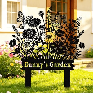 Personalisierte Wildblumen Garten Metall Pfahl, Benutzerdefinierte Name Blumen Gartenschild, Garten Geschenke für Frauen, Gartendekoration