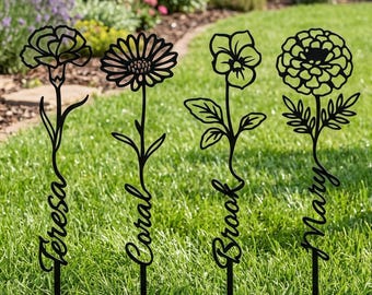 Piquet commémoratif floral personnalisé, Panneau de jardin fleuri avec le mois de naissance, Plaque funéraire en métal personnalisée, Décoration de cimetière, Art de jardin extérieur