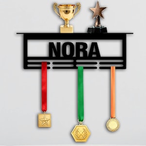Personalized Name Medal Hanger and Trophy Shelf, Custom Text 8 Rungs for Medal & Ribbons, Metal Medal Display Holder, Trophy Display Shelf