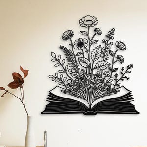 Libro personalizado con letrero de flores, decoración de pared de metal personalizada, decoración de biblioteca, regalo para amantes de los libros