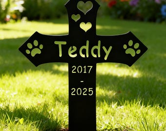 Custom Metal Pet Memorial Stake, Personalized Grave Marker, Dog Cat Paw Prints Sign, Cross Garden Stake, Pet Burial Stake, Pet Loss Gift