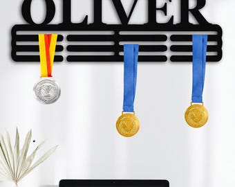 Benutzerdefinierter Medaillenhalter mit Namen, Metallmedaillenanzeige, 12 Sprossen für Medaillenband und Band, personalisierter Sportmedaillenhalter, Medaillenanzeigeregal für Auszeichnung
