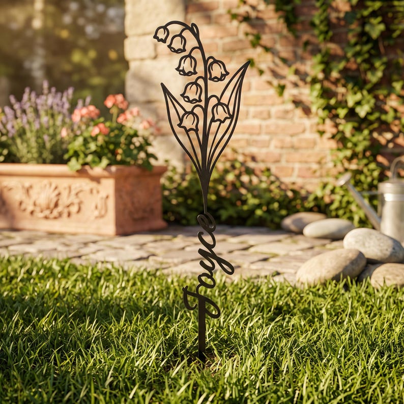 May include: A black metal garden stake featuring a cutout design of a lily of the valley flower stem with leaves. The lower portion of the stake incorporates the name Joyce in a cursive script font, integrated into the vertical metal stem.