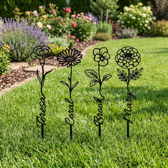 Personalized Floral Memorial Stake, Birth Month Flower Garden Sign, Custom Name Metal Grave Marker, Cemetery Plaque, Outdoor Decor Yard Art