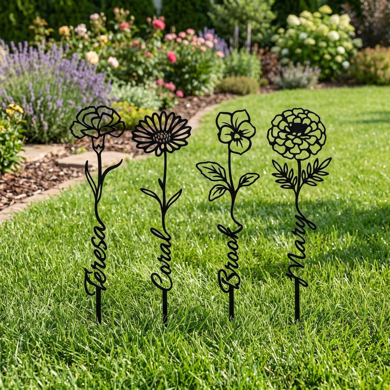 May include: Four black metal garden stakes featuring floral silhouettes. Each stake displays a unique flower design with a name integrated into the stem: Teresa, Coral, Brook, and Mary. The stakes are positioned upright in a green lawn.