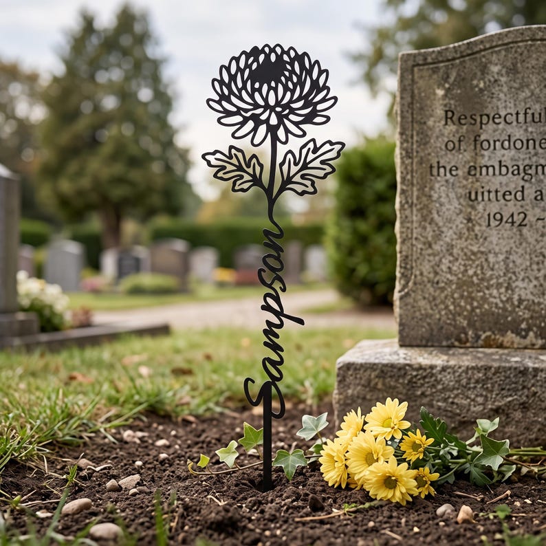 May include: A black metal garden stake featuring a cutout design of a chrysanthemum flower at the top and the name Sampson written in a cursive script along the stem, positioned vertically in the soil near a stone grave marker.