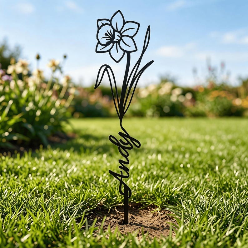 May include: A black metal garden stake featuring a cutout design of a single daffodil flower at the top and the name Andy written in a cursive script font along the stem, positioned vertically in the ground.