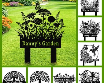 Personalized Garden Metal Sign with Stake, Flower Garden Decor, Custom Name Mother Gift