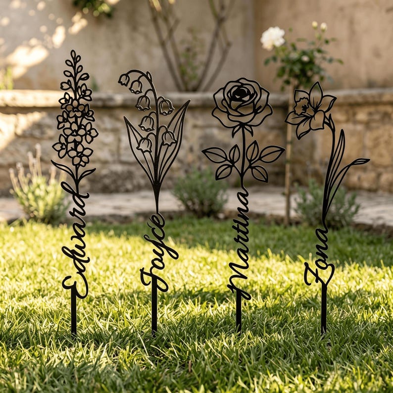 May include: Four black metal garden stakes featuring floral silhouettes of a delphinium, lily of the valley, rose, and daffodil. Each stake includes a personalized name in script font: Edward, Joyce, Martina, and Zona, integrated into the stem.