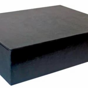 May include: A rectangular storage box with a solid black finish and a smooth, matte texture. The box features a clean, minimalist design with sharp edges and a flat lid, providing a simple and functional container for various items.