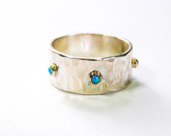 Blue opal ring,Silver sterling ring 10mm band with solid gold ,Handmade Ring ,Hammerd silver ring, 2mm opal stone .