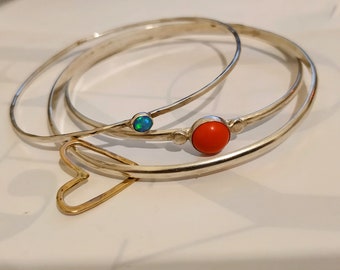 Set Silver sterling Bangles, Sterling Silver Bracelet With Red coral and blue opal stones // Solid Sterling Silver Bracelet - Made to order