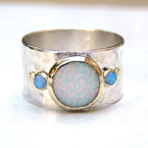 Unique Engagement Rings-Silver sterling band with White Opal Ring - Solitaire Opal Ring - Multi stone gemstone opals ring - Gift for her