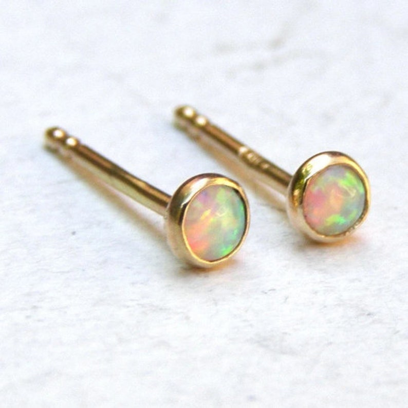 White Opal solid gold stud earrings 3mm solid gold earrings ,handmade earrings 3mm, Birthday gift, gift for her, women's gift image 9