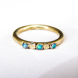 14K solid gold ring with blue opal stone, Minimalist ring, Handmade ring 2mm band