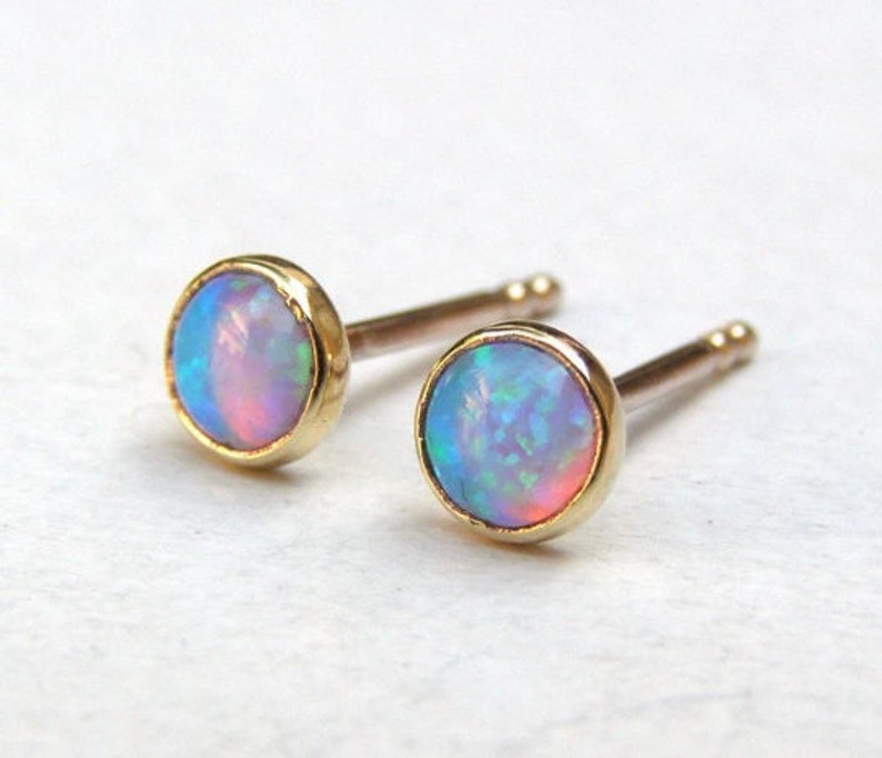 Blue Opal Studs , 14k Solid gold Handmade Earrings,Opal earrig, Natural opal stone stud earrings,gold opal earrings, opal earring stud image 7