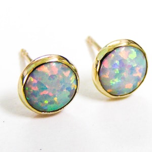 Opal stud Earrings 14k solid gold Studs 8mm Gift for her, October Birthstone image 1