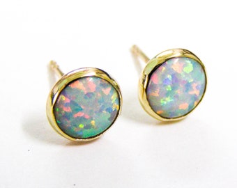 Opal stud Earrings 14k solid gold Studs 8mm Gift for her, October Birthstone