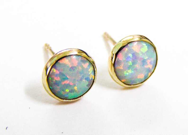 Opal stud Earrings 14k solid gold Studs 8mm Gift for her, October Birthstone image 1