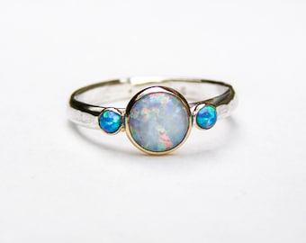 Solitaire Opal ring, White opal Stackable Silver Sterling Band, Opals Multi stone ring, Handmade for her -nickel free