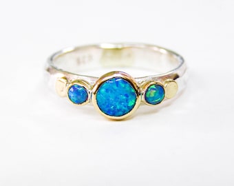 Blue Opal Ring ,Gold and Silver ring, Stackable silver sterling band with stone, Promise for her, handmade ring