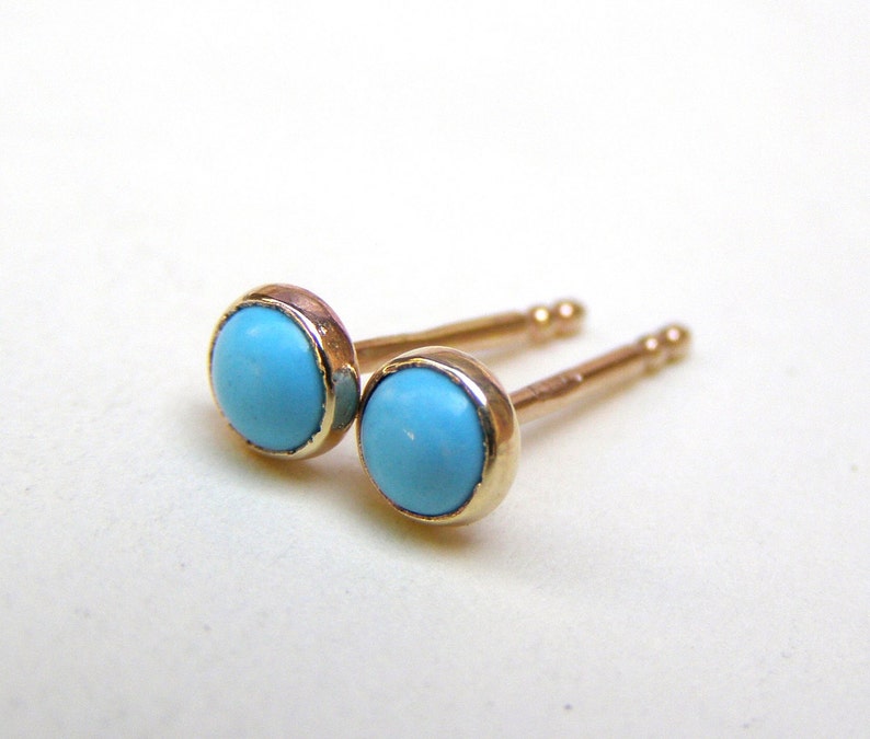 Turquoise Stud earrings, Solid gold 14k earrings 4mm image 4