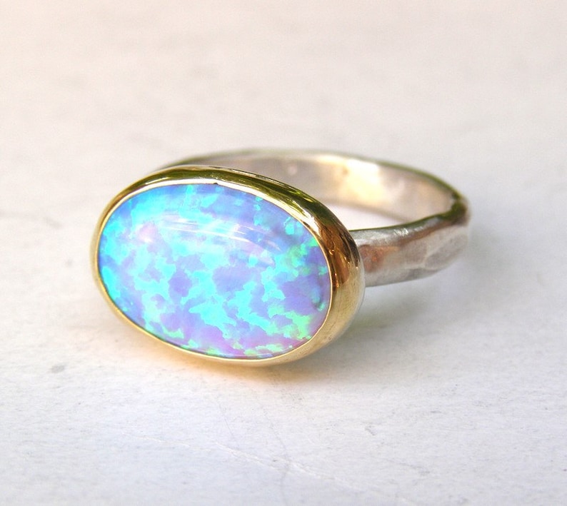 Blue opal ring, Solitaire ring, Statement silver sterling and gold ring, statement ring, Oval ring ,Birthday gift, Mom gift, October stone, image 3