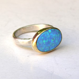 Blue opal ring, Solitaire ring, Statement silver sterling and gold ring, statement ring, Oval ring ,Birthday gift, Mom gift, October stone, image 1