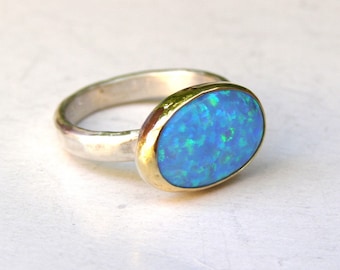 Blue opal ring, Solitaire ring, Statement silver sterling and gold ring, statement ring, Oval ring ,Birthday gift, Mom gift, October stone,